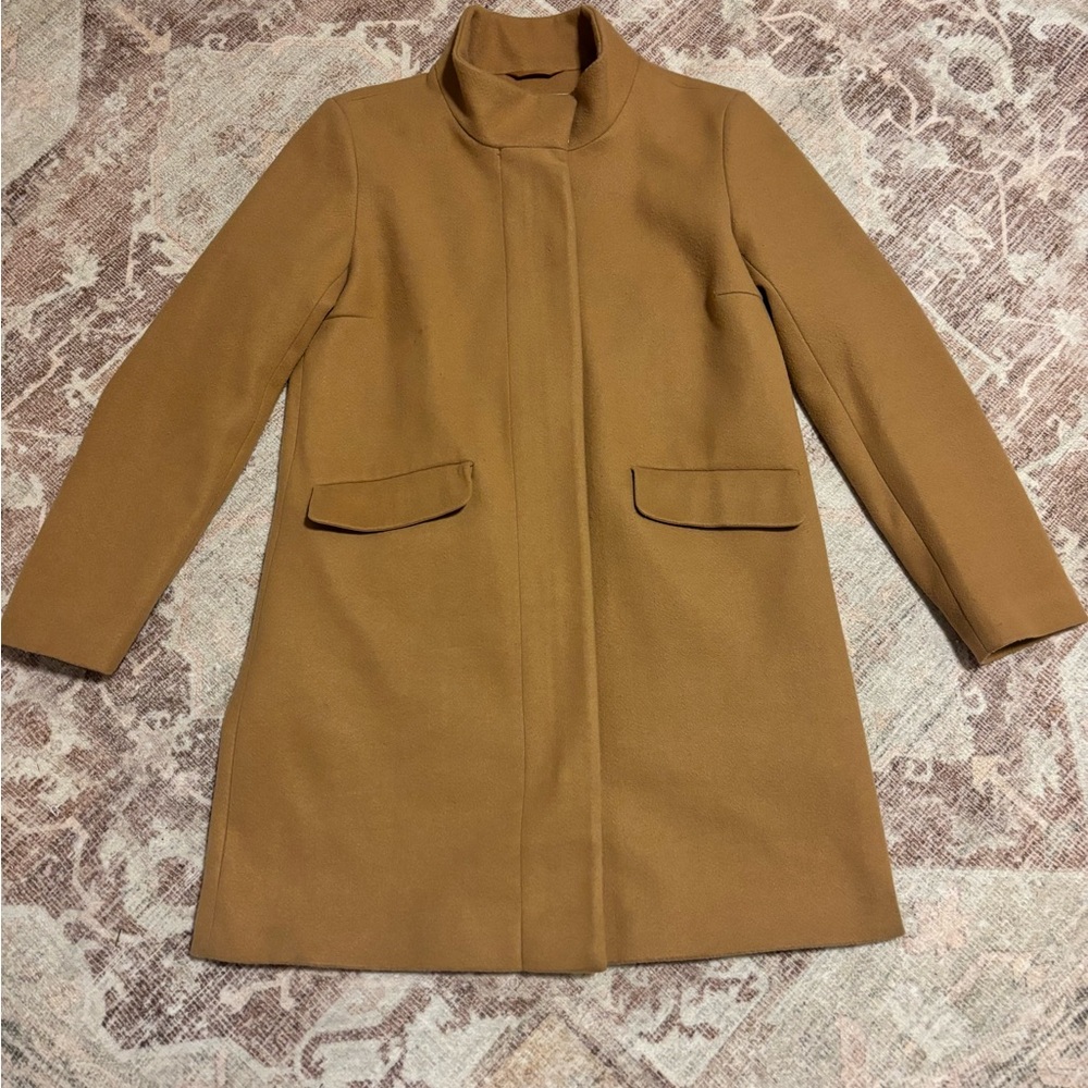 Women's Size M Nine West Faux-Wool Zip Front Coat Camel Knee Length, Lined